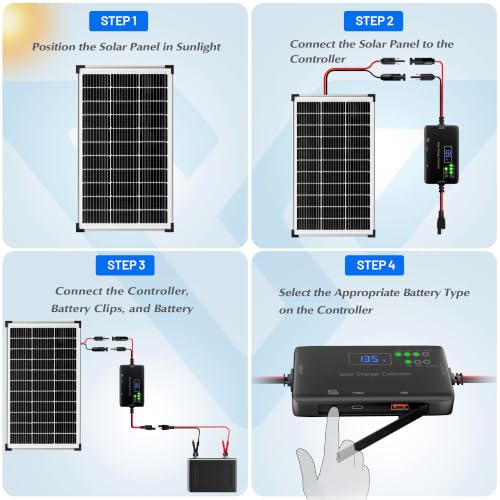 Voltset 100W Solar Panel Kit - 12V Solar Battery Charger with 20A Smart Charge Controller - Monocrystalline Solar Trickle Charger for RV Battery Car Boat Marine Trailer Camper and Off Grid System - size: 100W Kit