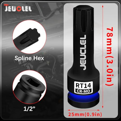 RT14 Spline Bit Socket, 1/2" Drive Spline Hex 6 Point Impact Socket | 3-Inch, Cr-Mo Steel, Lengthen Screwdriver Adapter for Electric Ratchet Wrenches, Fastening Screws, Socket Wrench, Head Drill - size: RT14