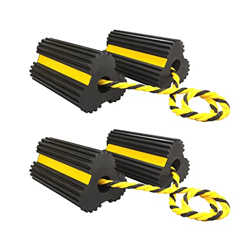 HOXWELL 2 Pair Rubber Heavy Duty Dual Wheel Chocks Front and Back, RV Leveling Blocks Non Slip Base with Nylon Rope Yellow Reflective Tape for Travel Trailers, Car, Camper, Truck (4 Pack)
