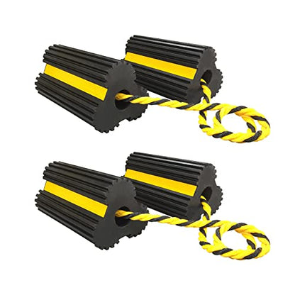 HOXWELL 2 Pair Rubber Heavy Duty Dual Wheel Chocks Front and Back, RV Leveling Blocks Non Slip Base with Nylon Rope Yellow Reflective Tape for Travel Trailers, Car, Camper, Truck (4 Pack)
