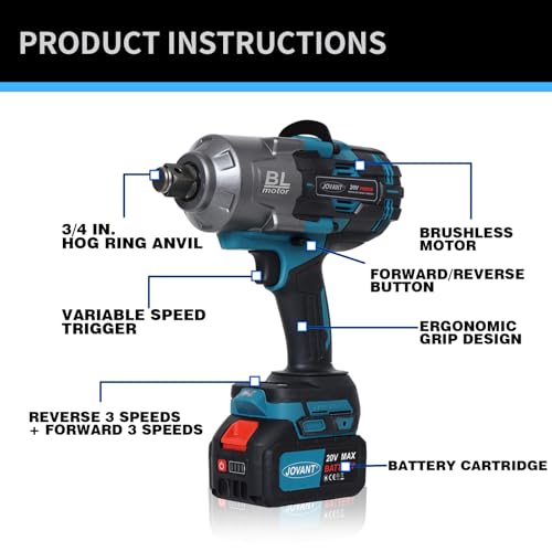 Cordless Impact Wrench Kit, 20V MAX 3/4 Impact Gun, 1474Ft-lbs(2000N.m) Brushless Impact Wrenches, Power Wrench with 6-Mode Speed, 2x4.0Ah Batteries Cordless Impact Driver for Car/Mower