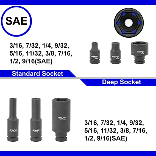 Stark USA Elite 53PCS 1/4" DR Master Impact Socket Wrench Set, Universal Socket Adapter SAE (3/16" - 9/16") & MM (4 to 15) - style: 53pcs SAE/Metric Impact Socket Set