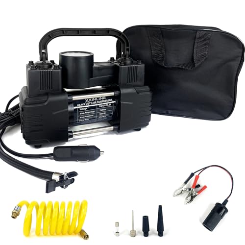 Rapid Inflation Heavy-Duty Portable Dual-Cylinder Tire Inflator with Pressure Gauge - 12V 150PSI Metal Air Compressor (LED Light), Adapters & Storage Bag Included, Fits Cars, RV Tires - style: Manual