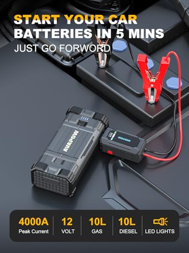 AVAPOW Car Jump Starter, 4000A Peak Battery | For All Gas or Up to 10L Diesel, Portable Booster Power Pack, 12V Auto Jump Box with LED Light, USB Quick Charge 3.0