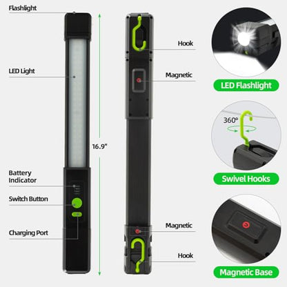 Magnetic Work Light,2500LM LED Underhood Work Light Bar with Hooks,4400mAh Rechargable Work Flashlight for Car Repair, Underhood, Workshop, Emergency