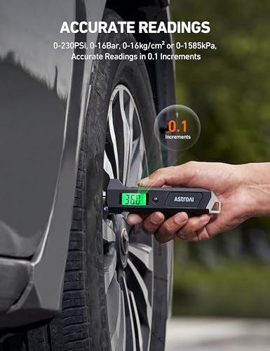 AstroAI Digital Tire Pressure Gauge, 230 PSI 4 Settings Heavy Duty for Car Bicycle with Larger Backlit LCD Flashlight and Non-Slip, Black - size: 1 Pack, style: Short Version