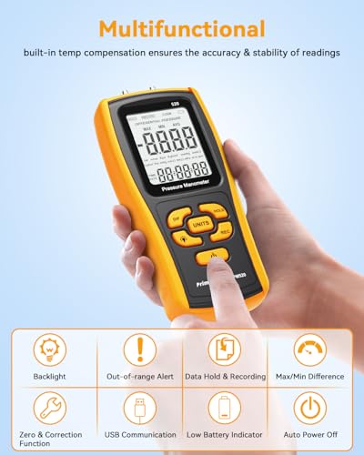Digital Manometer Gas Pressure Tester, Dual-Port Air Pressure Meter for HVAC, Furnace Ducts, Heater Gas Valve, Gas Furnace, Boilers, Air Pump, Evap Leaks