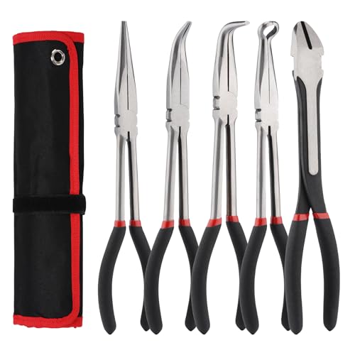 Mayouko 5PCS Extra Long Needle Nose Pliers Set, 11" Long Reach Straight, 45&90 Degree Bent Nose, Circle Nose and Diagonal Pliers for Narrow Spaces and Limited Areas