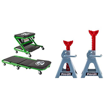Pro-LifT T-6903D Double Pin Jack Stands - 3 Ton C-2036DG Black/Green 300 Lbs Mechanic Creeper - Garage Equipment for Automotive Maintenance with Padded Cushions