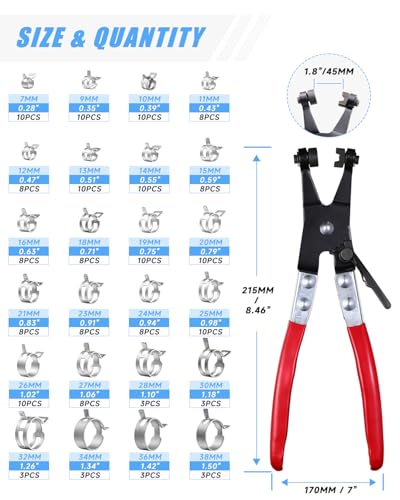 180Pcs 5/16" to 1-1/2"(7-38mm) 24 Size Spring Band Hose Clamps Assortment Kit with Swivel Flat Hose Clamp Plier, SEKSUALA Constant Tension Steel Clamps for Fuel Lines, Silicone,Vacuum Hoses (Grey? - size: Grey-180Pcs-24Size(7-38mm)