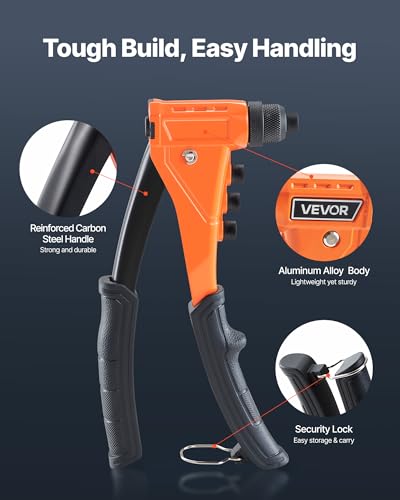 VEVOR Pop Rivet Gun Kit, with 200 Blind Rivets, Heavy Duty Single Hand Riveter with 4 Interchangeable Nosepieces, 4 Drill Bits, and a Carrying Case, Manual Riveting Tool for Metal, Automotive, Home - size: 9", style: RIVET GUN