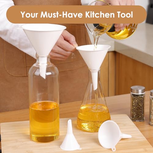 4 PCS Plastic Kitchen Funnel Set with Clean Brush, Food Grade Funnel for Kitchen Use Filling Bottles, Liquid, Protein Powder, Multifunctional Funnels for Cooking, Lab and Automotive Use