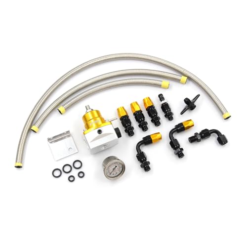 Adjustable Universal EFI Fuel Pressure Regulator Kit with 0-160psi Fuel Pressure Gauge and AN6-6AN Fuel Line Hose Fitting Connectors Kit (GLOD) - color: GLOD