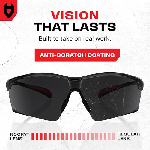 NoCry Safety Sunglasses with Green Tinted Wraparound Lenses; Tinted Safety Glasses for Men and Women with Adjustable Arms & No-Slip Grips; Work Glasses with UV 400 Protection; ANSI Z87.1 Rated - color: Black & Red