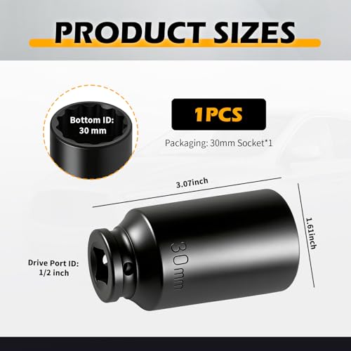 30mm Socket with 1/2" Drive,Anti-Slip 30mm 12 Point Axle Nut Socket for Axle Shaft Nut Dismantling & Installation,Professional Deep Impact Sockets Set for Impact Ratchet Wrench