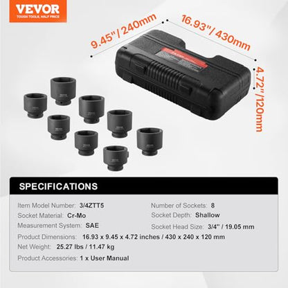 VEVOR Axle Nut Impact Socket Set - 3/4" Drive 6-Point 8-Piece SAE Spindle Nut Socket CR-MO Heat Treated Large Socket Set with Storage Case for Auto Repair, Removing or Installing Axle Nuts - style: 3/4" 8PCS CR-MO