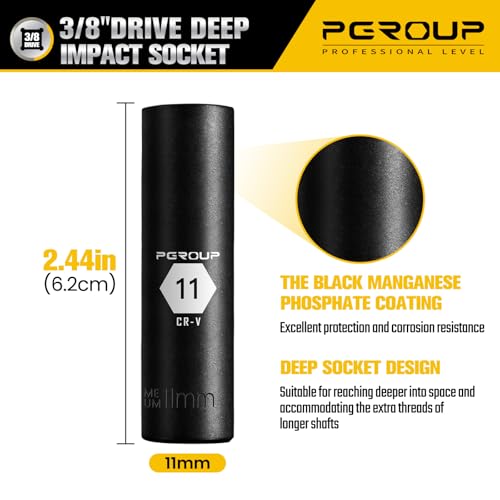 3/8” Drive Deep Impact Socket, Metric(11mm socket), 6-Point, Cr-V Steel With Black Manganese Phosphate Coating - size: 11 mm