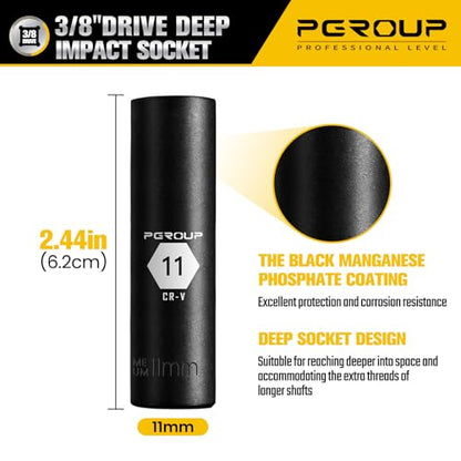 3/8” Drive Deep Impact Socket, Metric(11mm socket), 6-Point, Cr-V Steel With Black Manganese Phosphate Coating - size: 11 mm