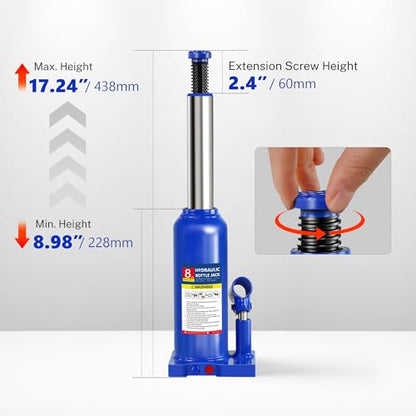 8T Hydraulic Bottle Jack, 16,000 lbs, with Tire Kit | Welded steel jack for RVs, heavy pickups. 8.98"-17.24" lift. Portable, no power needed. - color: 8 Ton Basic with Tire Repair Kit