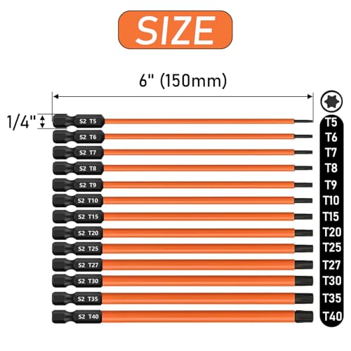 13PCS 6-Inch Long Torx Screwdriver Bit Set (T5-T40), Magnetic Torx Head Drill Bit Set S2 Steel 1/4'' Hex Shank Impact Bit with CNC Machined Tips 6-Point Star Bit Set for Impact Driver - size: 6 inch / 150mm