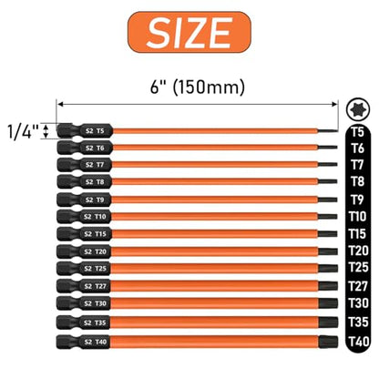 13PCS 6-Inch Long Torx Screwdriver Bit Set (T5-T40), Magnetic Torx Head Drill Bit Set S2 Steel 1/4'' Hex Shank Impact Bit with CNC Machined Tips 6-Point Star Bit Set for Impact Driver - size: 6 inch / 150mm