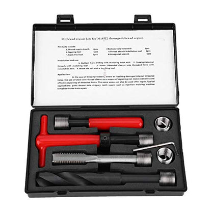 Jeanoko 11Pcs M16x2 Thread Repair Kit Stainless Steel Twisted Drill Tap Wrench Threaded Insert Tool for High Voltage Switchgear