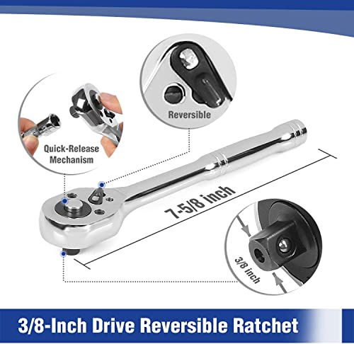 WORKPRO 39-Piece Drive Socket Set 1/4'' & 3/8'', CR-V Metric and SAE Sockets with Quick-Release Ratchet Wrench, Extension Bar, Spinner Handle & Adapter, Compact Mechanics Tool Set for Car Repair - color: Silver