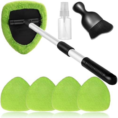 Qydipclin 7pcs Windshield Cleaner Tool Car Window Cleaning Wash Kit with 4 Reusable Microfiber Pads 1 Spray Bottle and Extendable Handle Auto Glass Wiper Kit, Green - color: Green