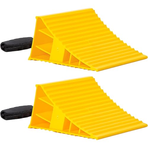 Homeon Wheels RV Camper Large Wheel Chocks Extra Wide with Handle and Rope for Travel Trailers, Cars, Tire Chocks Blocks 2 Packs Hard Plastic Heavy Duty(Yellow) - color: Yellow Large Chocks