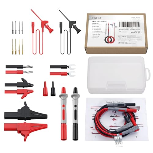Proster 24pc Multimeter Test Lead Kit - Probes Alligator Clips 1000V | Replaceable 2 Probes 8 Tips 4 Clips 2 Spring Hooks 2 Leads 2 Banana 2 Spade CAT III 1000V, 10A Silicone leads - style: Test Leads 24pcs