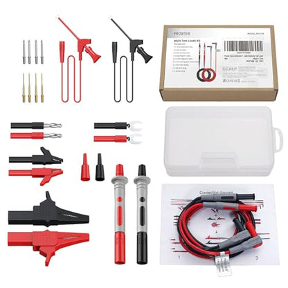 Proster 24pc Multimeter Test Lead Kit - Probes Alligator Clips 1000V | Replaceable 2 Probes 8 Tips 4 Clips 2 Spring Hooks 2 Leads 2 Banana 2 Spade CAT III 1000V, 10A Silicone leads - style: Test Leads 24pcs