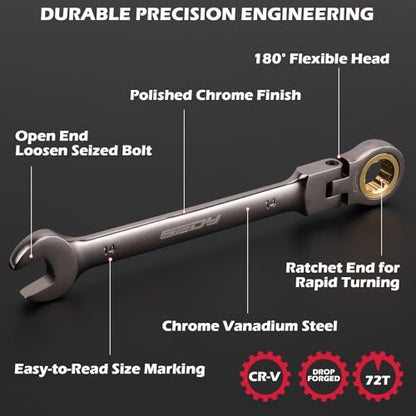 Premium 24-Piece Flex-Head Ratchet Wrenches Set with Magnetic Organizers, Metric SAE 8-19mm 1/4"-7/8", Cr-V Ratcheting Wrenches with 72 Teeth 180° Flex Head, Ratchet Combination Wrench Set for Repair - style: 24-Piece Flex-Head (SAE & Metric)