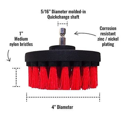 Premium Drill Brush Professional – Stiff 5-Piece Set (5/4/3.5/2 in Brushes + 6 in Extension) | Scratch-Free Heavy-Duty Outdoor Cleaning for Patio, Decking, Garden Tools and Stone Surfaces - color: Red