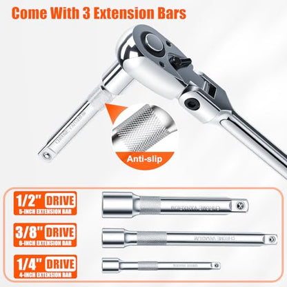 Matework 7Pcs Flex Head Ratchet Set, 1/4”, 3/8” and 1/2” Drive Swivel Ratchet Wrench with 180° Flex Head, 90 Tooth, Quick-Release, Extra Long Handle Ratchet with Extension Bar and EVA Foam, CR-V Steel - size: 7pcs 90T Flex Head Ratchet Set