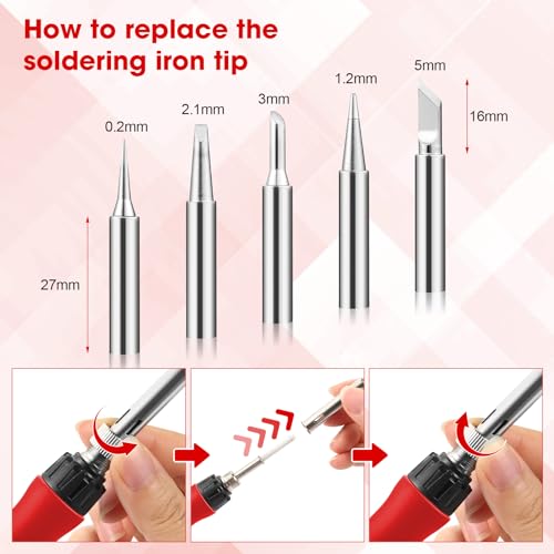 Soldering Iron Kit, Soldering Welding Iron Kit with Ceramic Heater, Portable Soldering Kit with with Tips, Solder Wick Braid, Stand, Solder Wire, Sponge, Flux Paste