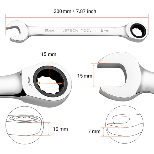 Jetech 15mm Ratcheting Combination Wrench, Metric, 72-Tooth Gear, Industrial Grade, 12-Point Box End, Chrome Vanadium Steel, Fully Polished - size: 15mm