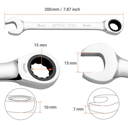 Jetech 15mm Ratcheting Combination Wrench, Metric, 72-Tooth Gear, Industrial Grade, 12-Point Box End, Chrome Vanadium Steel, Fully Polished - size: 15mm