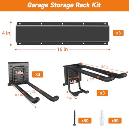 Garage Tool Organizer Wall Mount, Heavy Duty 48 Inches Garage Organization and Storage Racks for Yard Tools with 6 Hooks, Tool Hangers Holders for Hanging Folding Chair, Rake and Shovel - size: 48" Alloy Steel