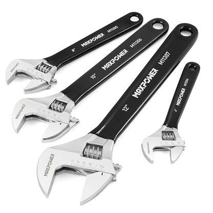 MAXPOWER Adjustable Wrench Set, 4-Piece Adjustable Wrenches 6-inch, 8-inch, 10-inch and 12-inch, Metric & SAE Scales, Extra-Wide Jaw and Soft Girp Wrench Set