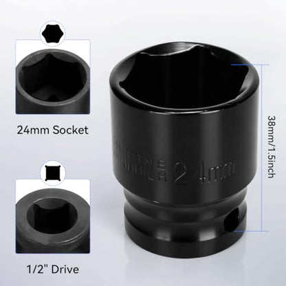 2PCS 24mm Impact Socket 1/2" Drive, 6 Point Metric Shallow Socket, CR-V Steel Heavy Duty Impact Wrench Socket for Automotive Repair - size: 24mm