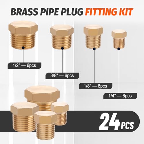 24 PCS Brass Hex Pipe Plug Fittings Kits,Brass Plugs Fitting Assortment Kit 1/8" 1/4" 3/8" 1/2" NTP Plugs Male Threaded - size: Hex Plug