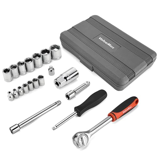 ValueMax Metric 1/4" & 3/8" Drive Socket Set, 21PCS 4-19mm Socket Wrench | Car Tool Kit with Ratchet Wrench, Extension Bars, Adapter, Spinner Handle and Storage Case, for Automotive Repair