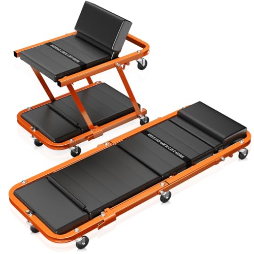 Auto Dynasty 48" Z-Creeper Seat, 2-in-1 Foldable Garage Rolling Creeper Shop Seat, 330 LBS Capacity Automotive Mechanic Under Car Repair Tool, Orange - color: Orange, size: 48 Inch