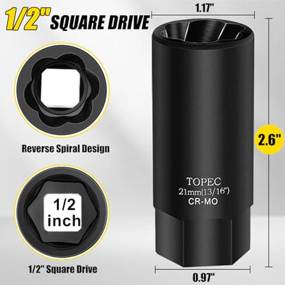 Topec 21MM Deep Lug Nut Extractor Socket - 1/2" Drive Stripped Bolt Nut Remover - size: 21mm