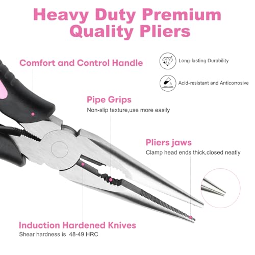 2pcs 6’’& 8’’ Needle Nose Pliers,Large Soft Grip with Wire Cutter | Pink,Paper Clamp Precision, Heavy-Duty CRV Steel, Long Nose Cutting Pliers for Home, Fishing, Jewelry, Crafts
