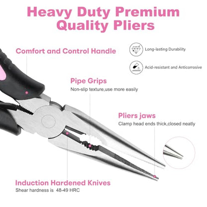 2pcs 6’’& 8’’ Needle Nose Pliers,Large Soft Grip with Wire Cutter | Pink,Paper Clamp Precision, Heavy-Duty CRV Steel, Long Nose Cutting Pliers for Home, Fishing, Jewelry, Crafts