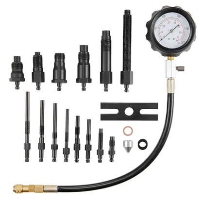 Diesel Engine Compression Tester: 18-Piece Cylinder Pressure Test Tool Kit with 0-1000 PSI Gauge and Adapters for Diesel Trucks, Tractors, and Equipment