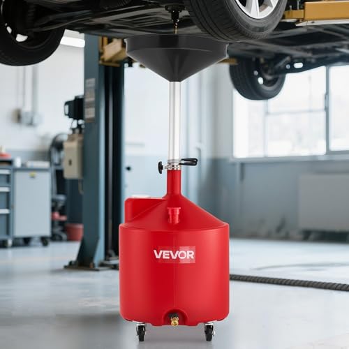 VEVOR 18 Gallon Waste Oil Drain Tank, Industrial Fluid Drain Tank with Adjustable Funnel Height, Portable Oil Drainer with Wheels, Fluid Fuel Transfer Drainage for Auto Repair Shops, Garages, Red - size: 18 Gallon