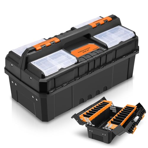 Auto Dynasty Foldable 2-layer Tool Box w/Non-Slip Handle Storage, Orange | Heavy-Duty Plastic, Lightweight Portable, Secure Latch, for Garage, Workshop, Diy, On-The-Go Repairs - color: Orange, size: 2-Layer