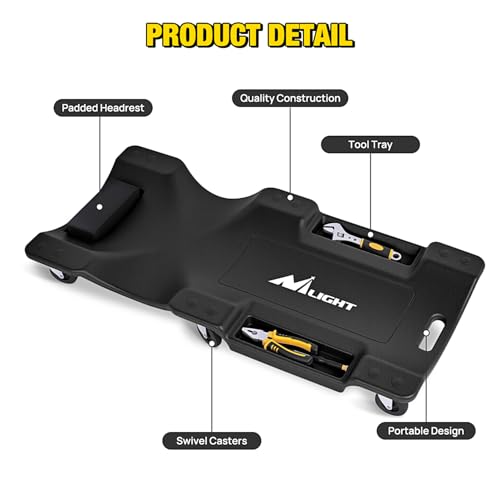 Nilight 40" Mechanic Plastic Creeper -40 Inches Blow-Molded Rolling Garage Cart with Padded Headrest, Dual Tool Trays and 6 Casters, Black - color: Black